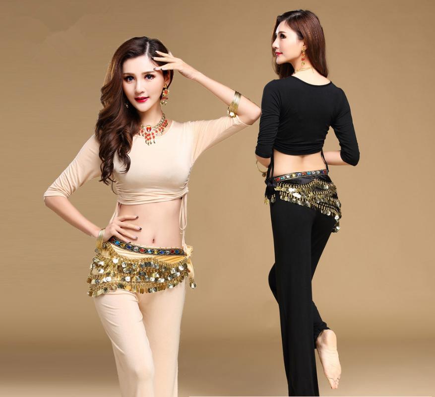 

2020 Quality belly dance costume set bellydance clothing set gauze pants color block Top&Pants&Belt, Black 2pcs