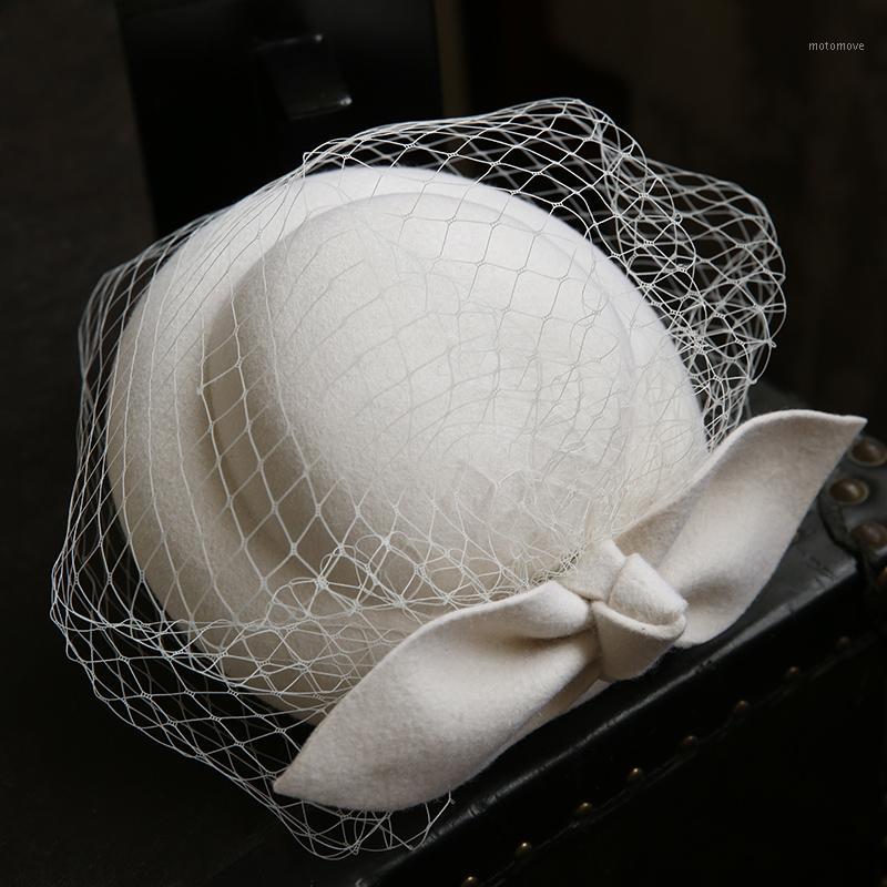 

Brand Mini Wedding Hat Vintage Pure Wool Bowler Fedora Cap Women Mesh Flower Hat Headwear Elegant Ladies Autumn Pillbox 20201, White