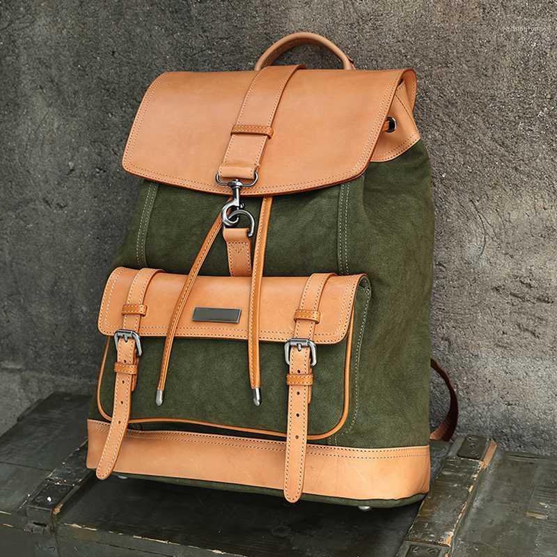 

Mens Cowhide Leather Bag Canvas Bag Large Capacity Backpack Travel Genuine Leather Mens Handbag Satchel Style1, Army yellow