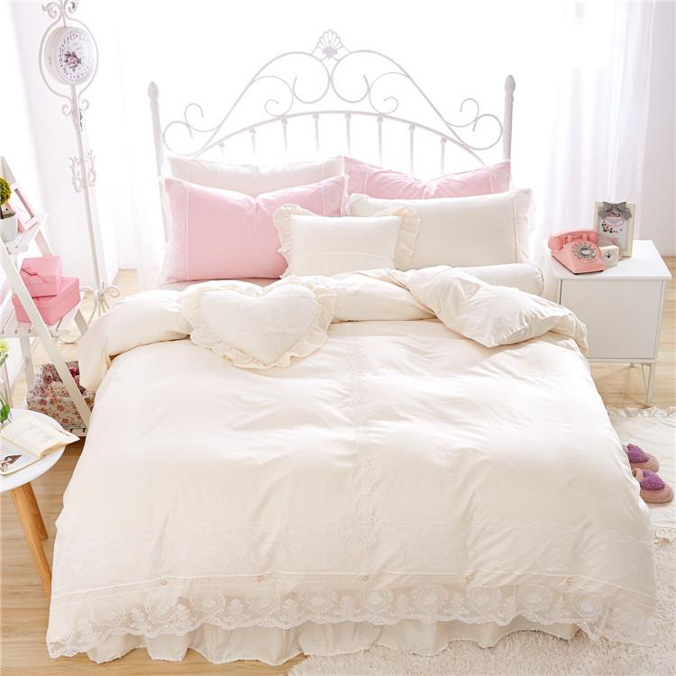 

Soft Cotton Lace Beige color Bedding Set King Queen  Size Girls Women Bed skirt set Duvet/Quilt Cover Gifts Pillow shams