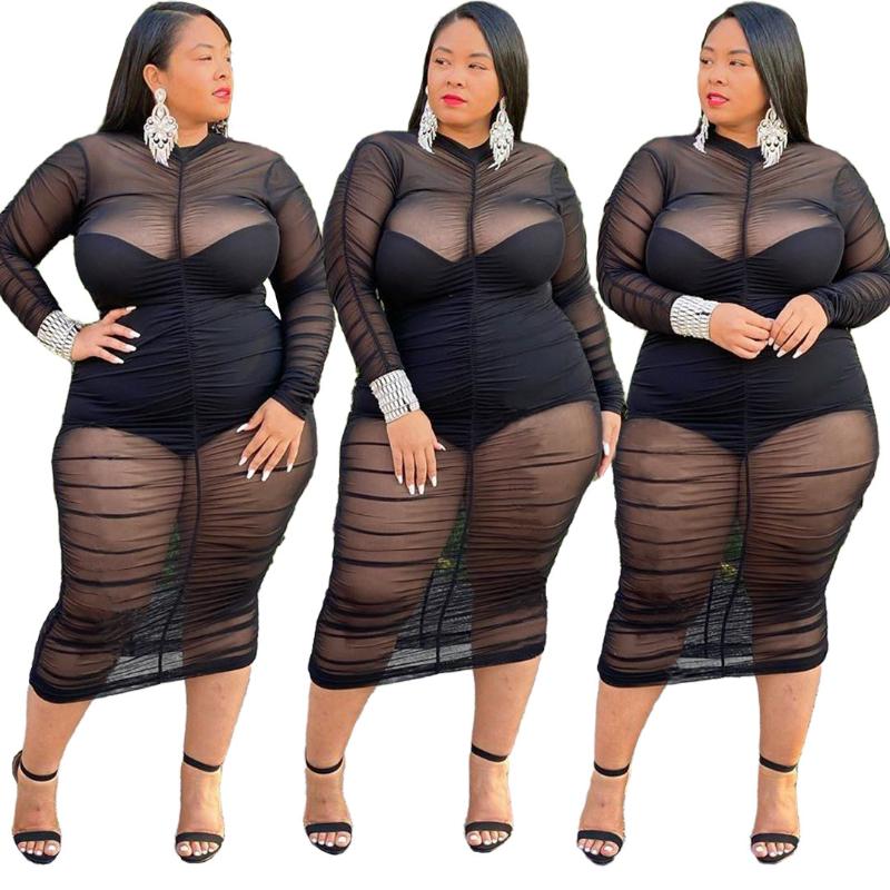 

Fall Long Black Sleeve Plus Size Tight Mesh Pleated Pleated Sexy Club and Office Lady Dress Women Suit Wholesale Dropshipping