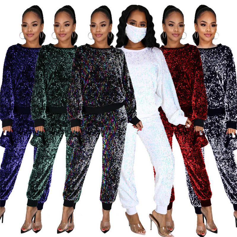 

New Mask Plus Size Tracksuits with Sequins Crew Neck Womens Two Piece Set Fashion Designer Womens Clothes, Black