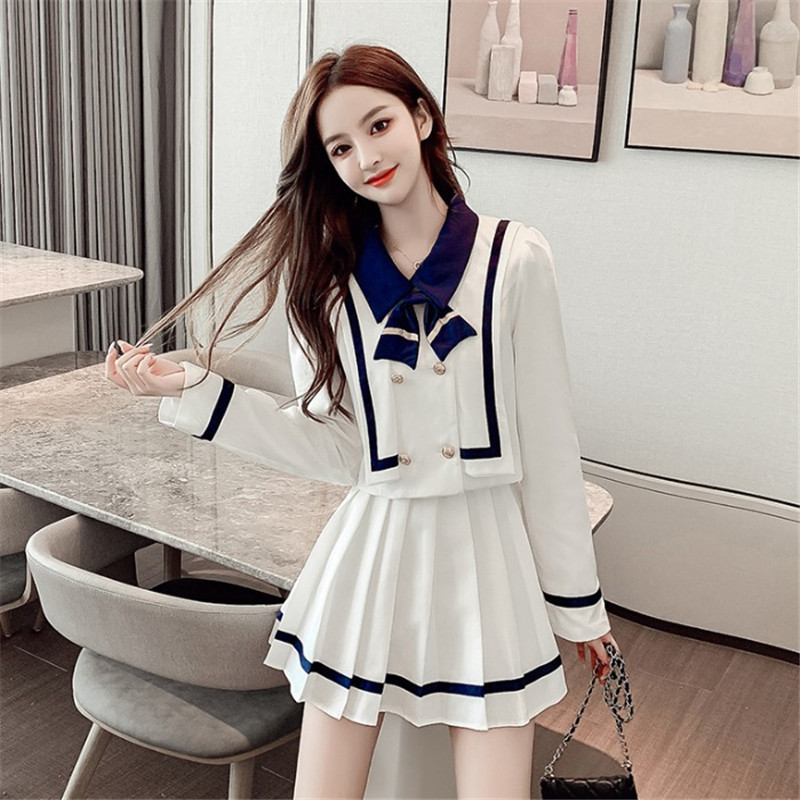 

2021 Kawaii Female Autumn 2 Piece Define s Tops and New Sweet Skirt Plissada 2-piece Suit Preppy Style Matching Clothes 6C0E, Blue