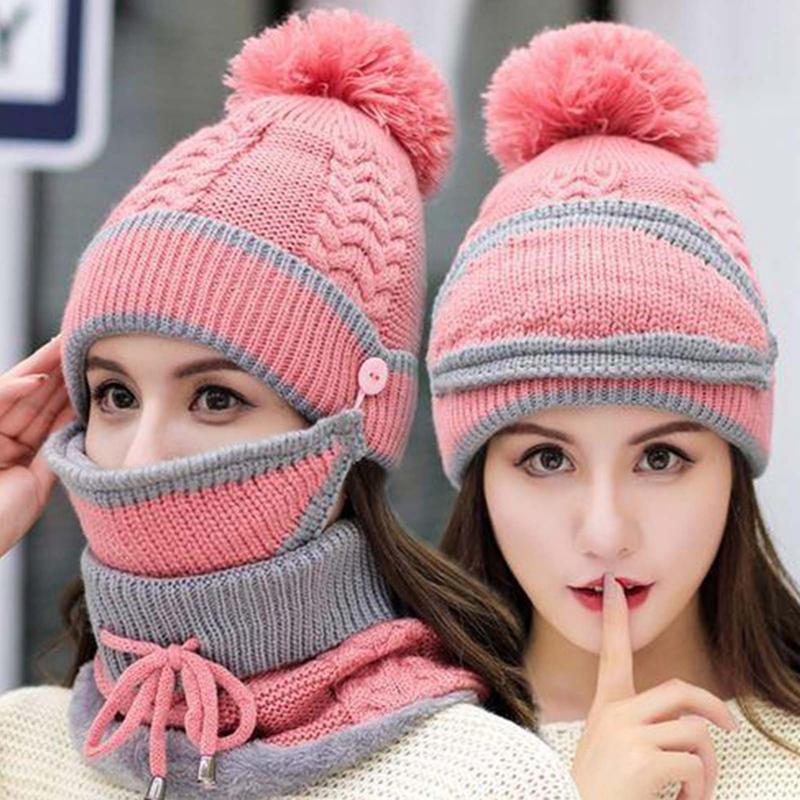 

3 In 1 Winter Knitted Beanie Hat Face Neck Warmer Set For Women Fleece Lining Ski Caps With Pompom 4 PCS/ Set, Bl