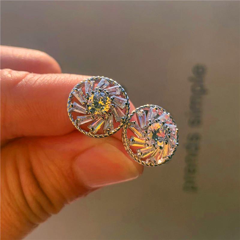 

Cute Female White Round Crystal Earrings Charm Small Sunflower Stud Earrings For Women Rose Gold Silver Color Wedding