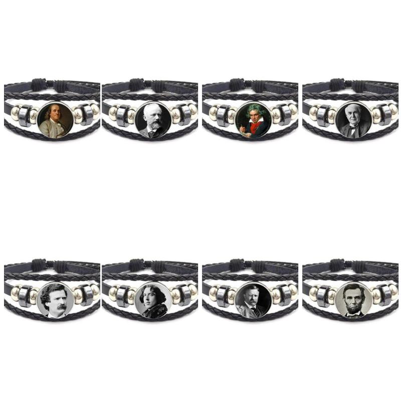 

EJ Glaze For Unisex Black Leather Bracelet Bangle Glass Cabochon Jewelry Wilde Sigmund Freud Beethoven Lincoln
