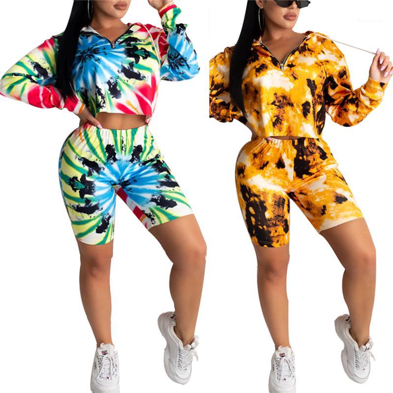 

2020 Fashion Women' Autumn Long-Sleeved Tracksuits Hoodie Zipper V-neck Elastic Random Dye Printed Casual Yellow Shorts Outfits1
