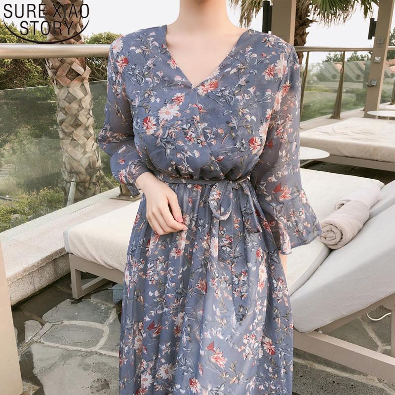 

Casual Dresses Fashion Women Dress 2022 Summer Flare Short Sleeve Print Chiffon Vintage Long Sweet V-neck Causal Vestidos 10451, Black;gray