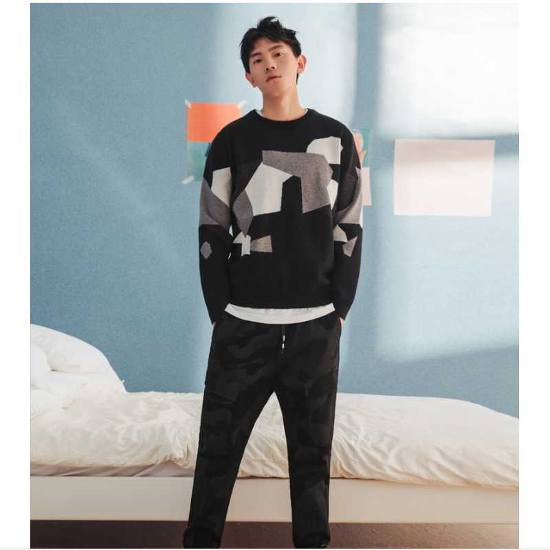 

Autumn Winter Sweater Men Round Neck Fashion Color Matching Knitted Casual Men' Basic Bottoming Long Sleeve Pullover Tops, Black