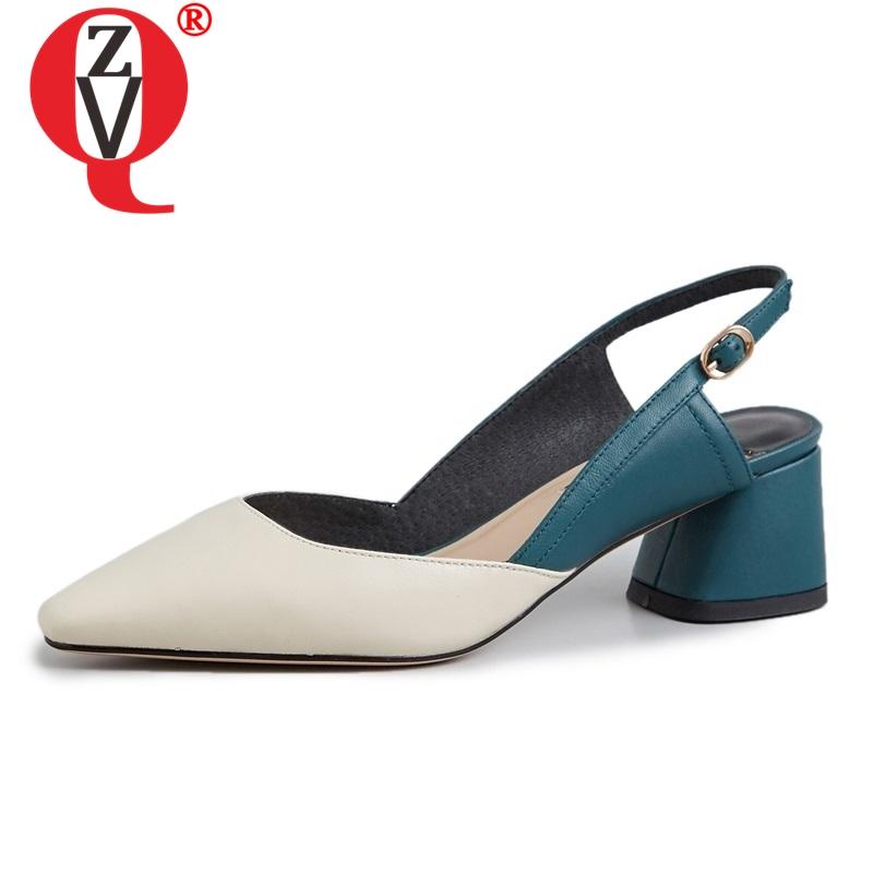 

ZVQ shoes woman spring new fashion mixed colors genuine leather cloth women pumps outdoor med square heel buckle shallow shoes, Navy