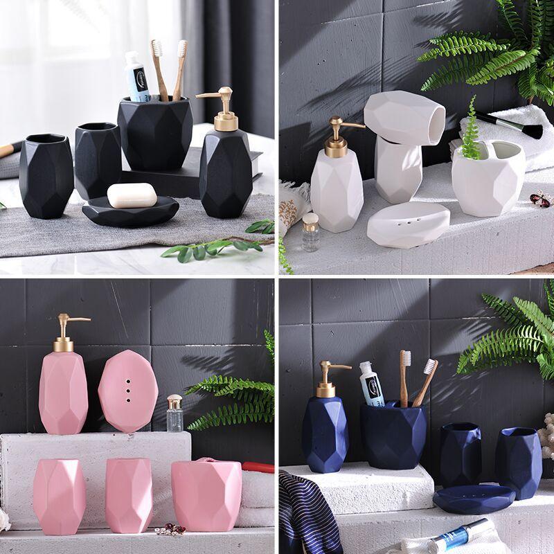 

Nordic simple ceramic washing set bathroom five pieces diamond -shaped lotion bottle toothbrush holder mouth cup wedding gift