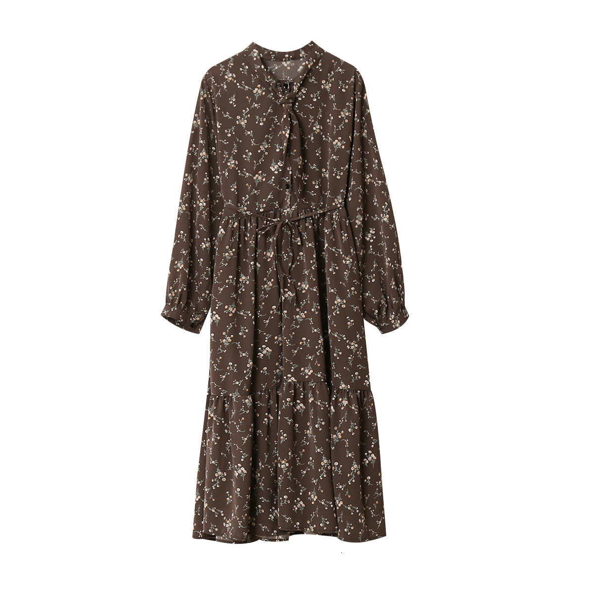 

2021 New Arrival Spring O-neck Sleeve Flower Print Vintage Chiffon Long Boho Women Casual Vestidos Fp31, Brown