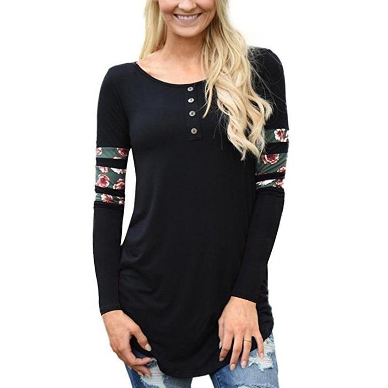 

New Autumn Women Girl Tops full sleeve t shirts Vintage patchwork Casual big size blouse jumper t shirt tops Cotton slim shirts, Blue