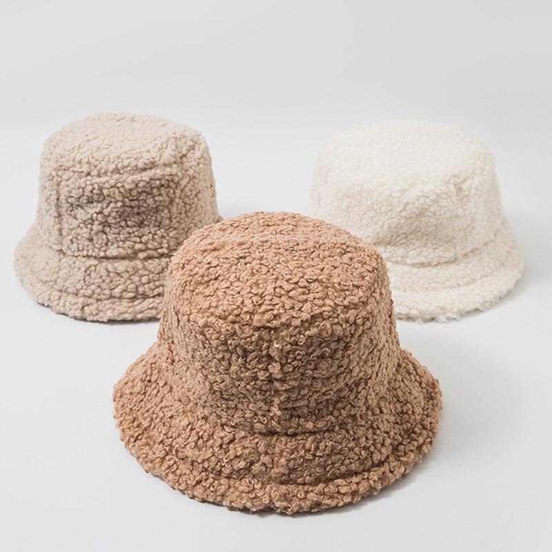 

2021 New Hats for Women Autumn Winter Bucket Hats Lamb Plush Soft Warm Fisherman Hat Panama Casual Caps Lady Flat Korean Style, White