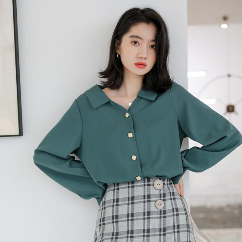 

2021 Simple Spring Decot Color Chiffon Long Sleeve Shirt Dofs, Dark green.