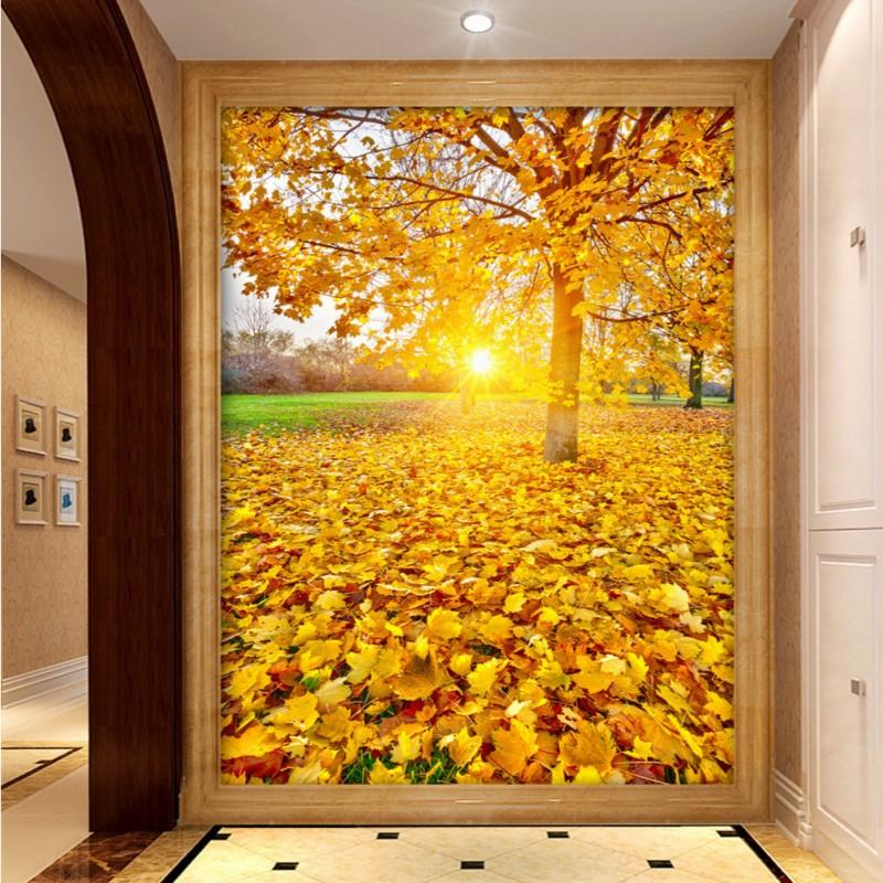 

Dropship Photo Wallpaper Golden Sunny Trees Fallen Leaves Mural Restaurant Bedroom Entrance Wallpaper Living Room, As pic