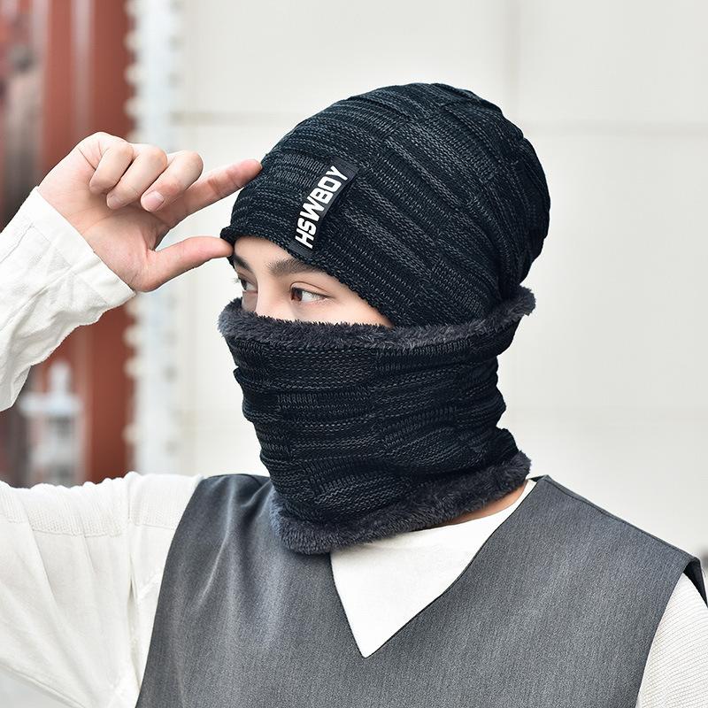 

New Autumn Winter Knitted Beanie Scarf Couple Cotton Set Thick Plus Velvet Men's Visor Warm Bonnet Hat Dad Soft Cap Gorro Balacl, Blue;gray