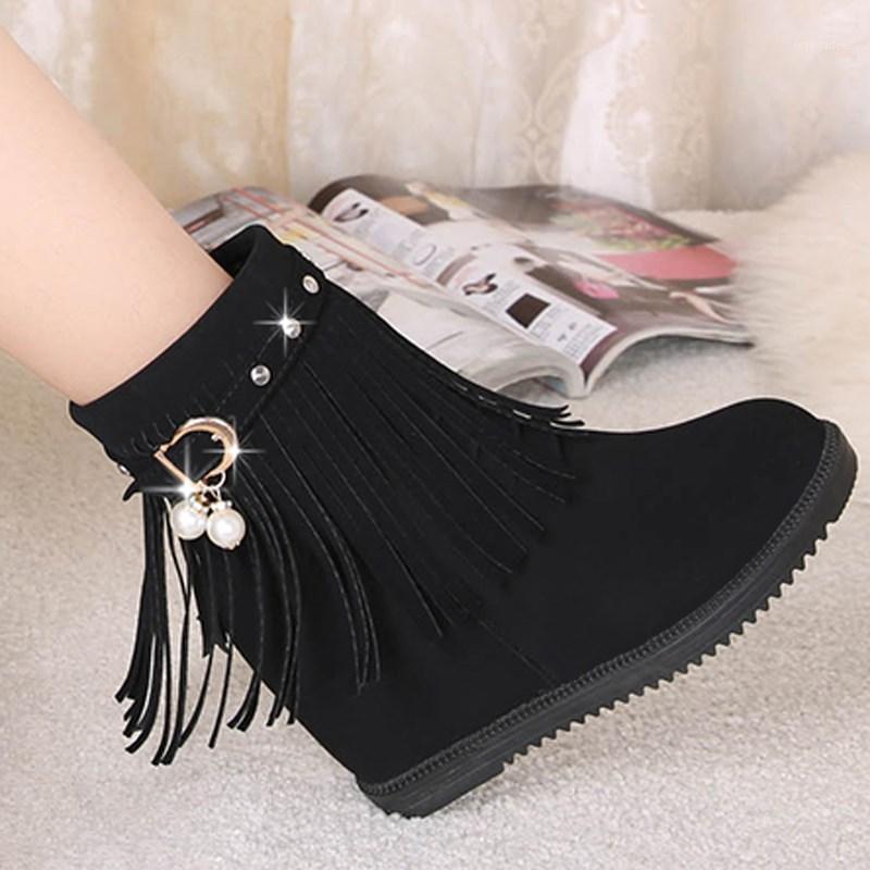 

AQ612 winter new fashion side zipper tassel round head flat middle tube casual all-match snow boots women's shoes1, Black