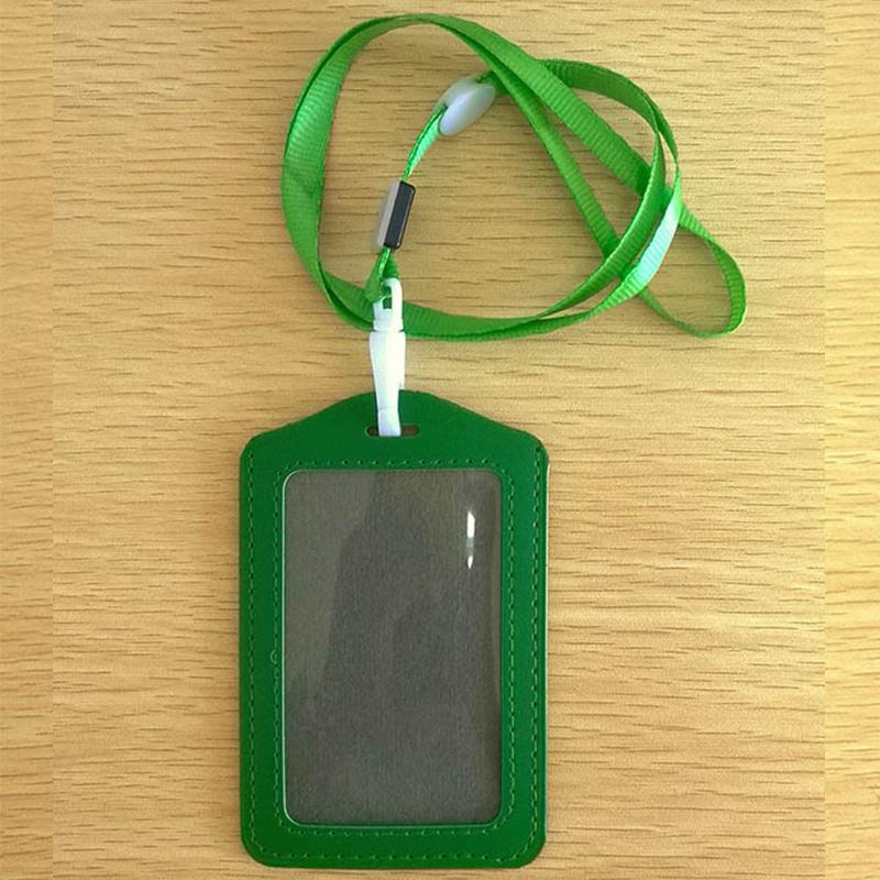 

New Bank Holders PU Leather Neck Strap Card Solid Color Business ID Card Cover Holders With Lanyard Wholesale, Black