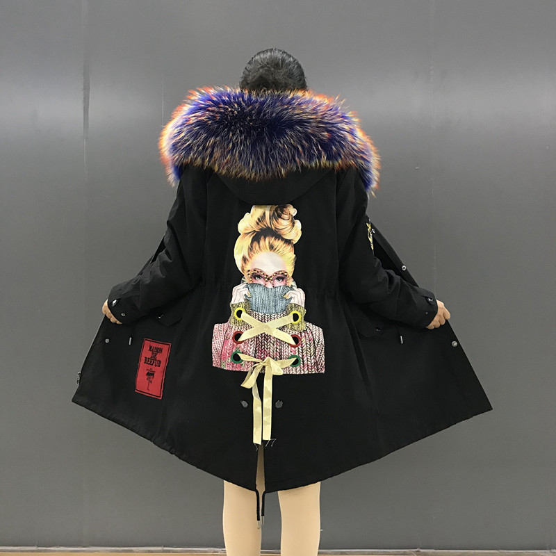 

Royal Mink Female Lining Jacket Hood Racccoon Fur Collar Detachable Ribbon Parka with Medium Long Sleeve Aadl, Black