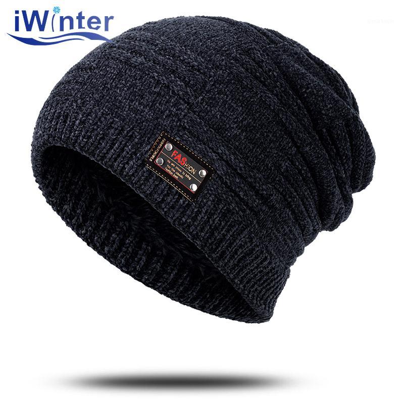 

IWINTER New Winter Men's Beanie Hat Fashion Letter Knitted Plus Velvet Thicken Warm Skullies Beanies High Quality1