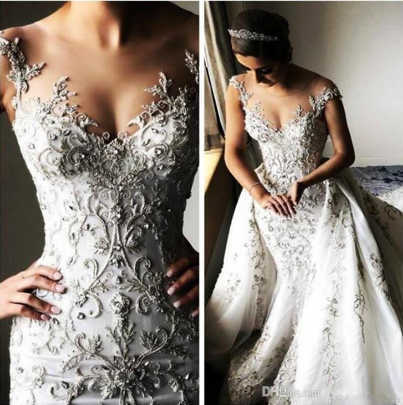 

2021 Vintage Beaded Lace Arabic Wedding Dresses With Detachable Train Sheer Neck Mermaid Bridal Dresses Tulle Vintage Sexy Wedding Gowns, Black