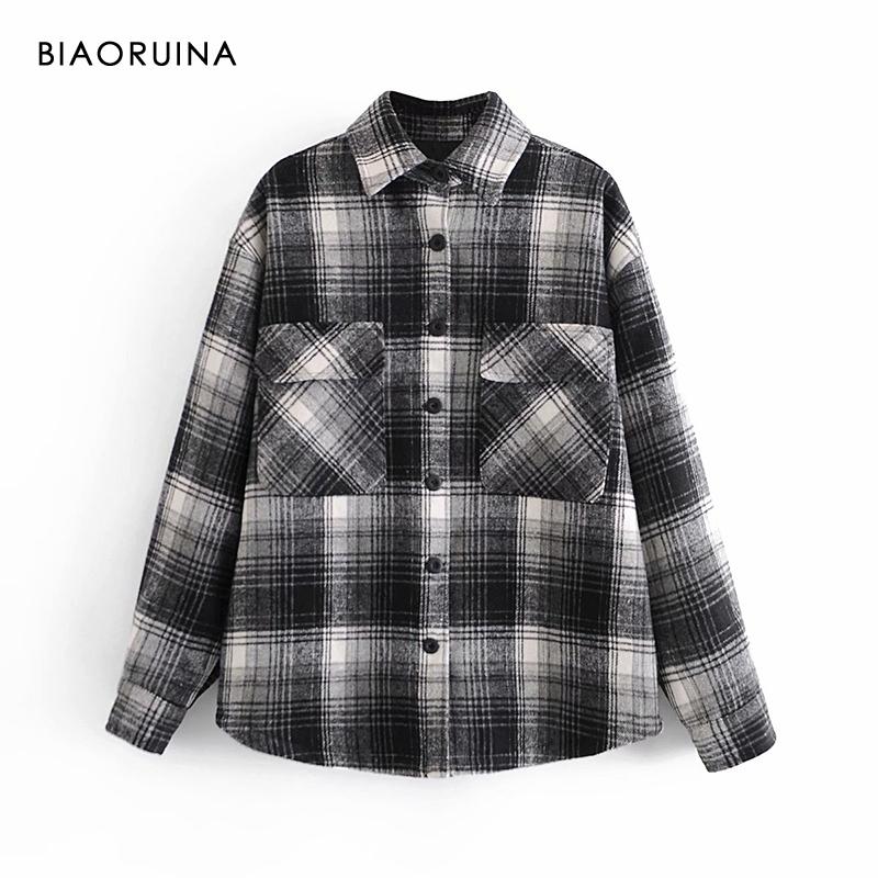 

BIAORUINA Women' Plaid Single Breasted Retro Classic Long Sleeve Loose Woolen Jacket All-match Casual Coat Outerwear, As pic