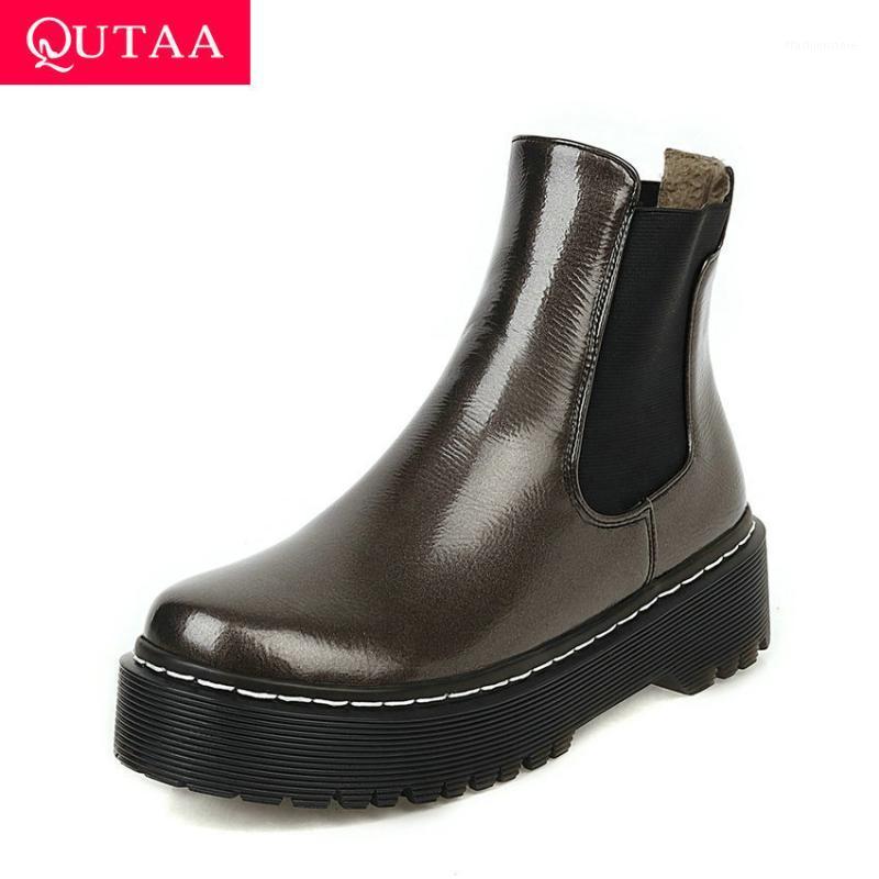 

QUTAA 2021 Platform Sewing Slip on Ankle Boots Fashion Square High Heel Short Boots PU Leather Round Toe Women Shoes Size 34-411, Black