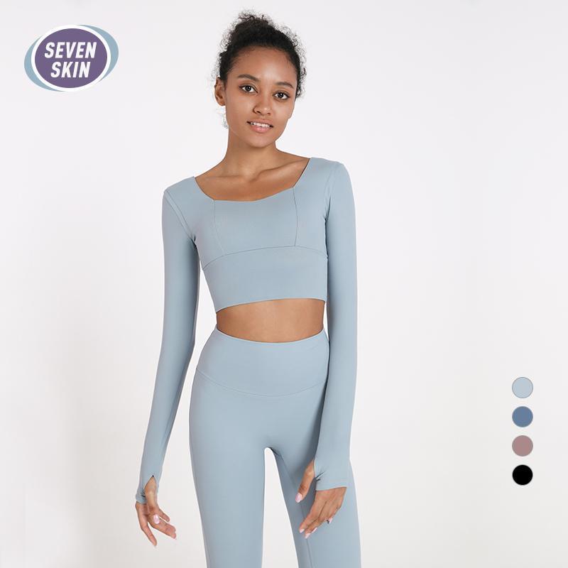 

SEVEN SKIN Women Sports Shirt with Chest Pad Long Sleeve Gym Workout Crop Top Backless Sexy Running Yoga T-Shirt Seamless Tops1, Black