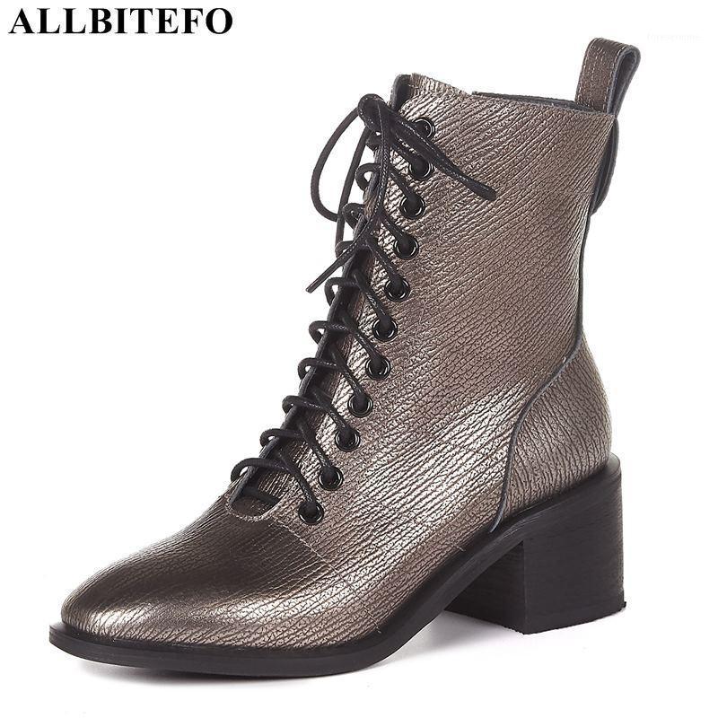 

ALLBITEFO size 34-42 cross tied thick heel natural genuine leather women boots fashion high heel shoes boots women's ankle1, As picture