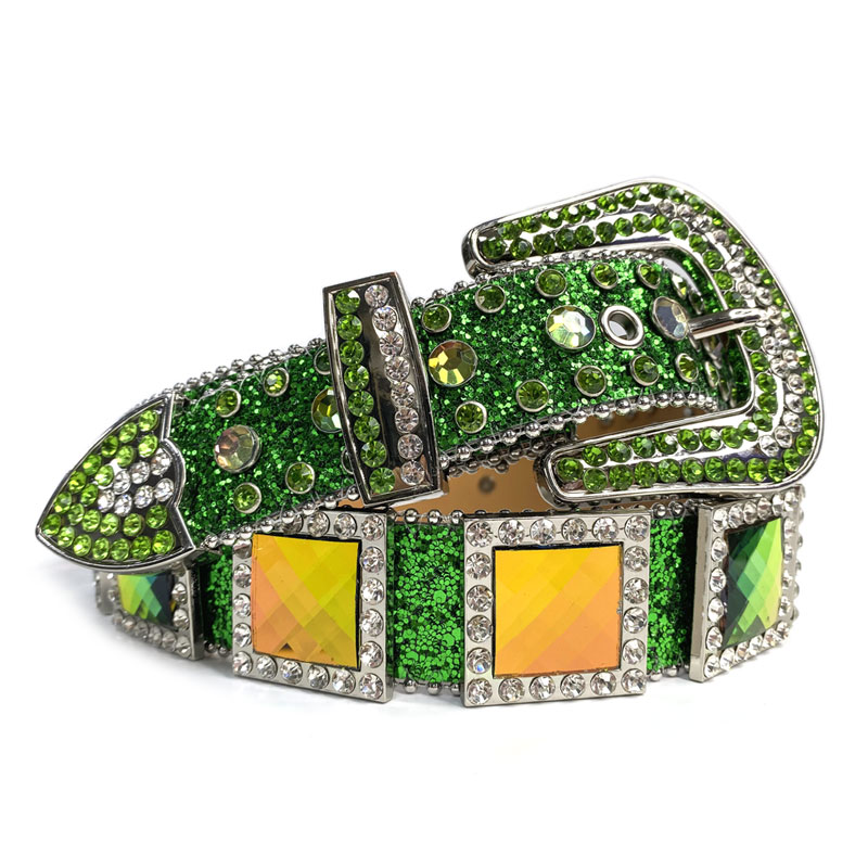 

Western Rhinestone Belts Cowgirl Cowboy Green Bling Crystal Studded Leather Belt Pin Buckle For Men Women