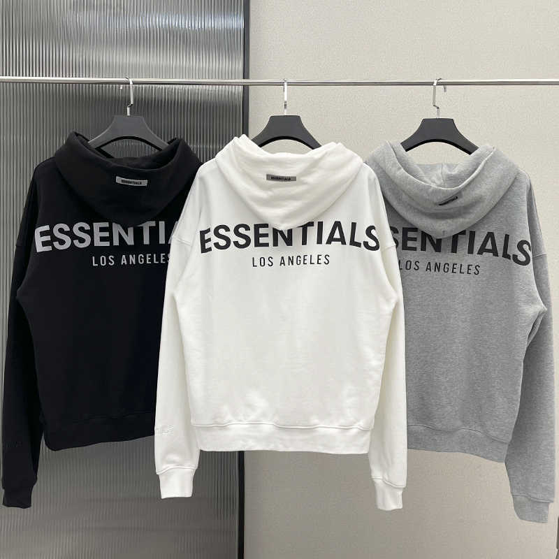 

Classic Male-style Essentials Sweatshirt with Reflective Hood Print High-street Lyrics Unisex Cotton Loose Pullover, White