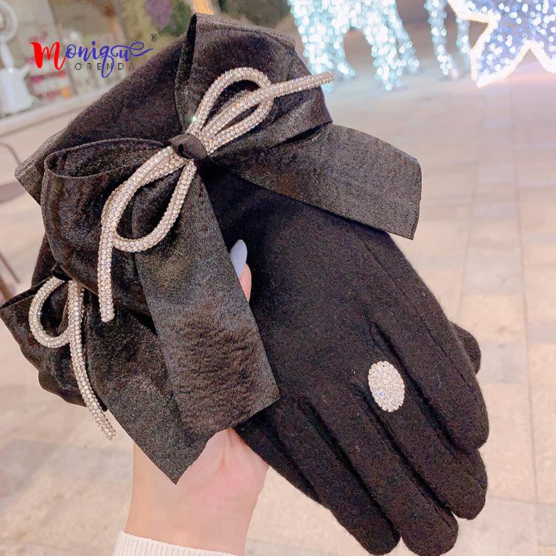 

New Women Winter Keep Warm Bowknot Touch Screen Gloves Double Layer Plus Velvet Female Elegant Soft Cashmere Gloves