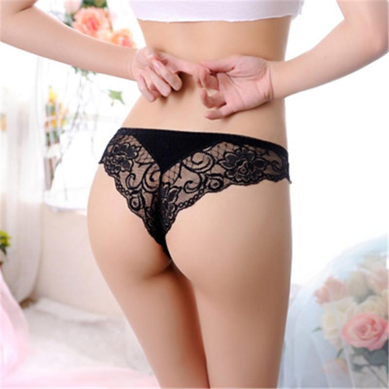 

Women's Underpants Low Waist Transparent Hollow Out Lace Floral Sexy Panties Underwear Women's Briefs Erotic Lingerie Thong, Black