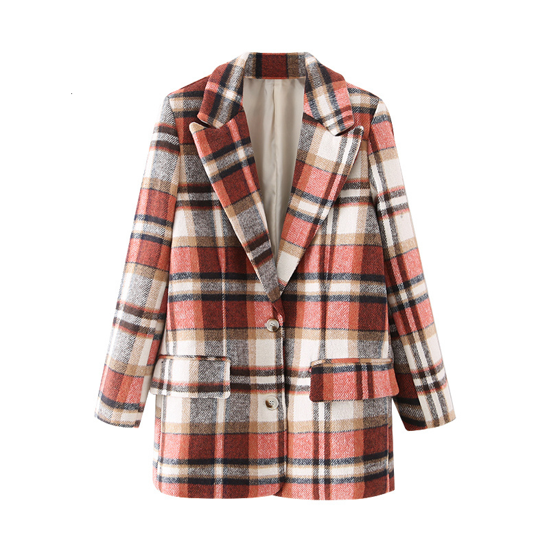 

2021 New Elegant Women Orange Plaid Blazers Fashion Ladies Notched Collar Jackets Streetwear Female Chic Button Pocket Coats W4xp