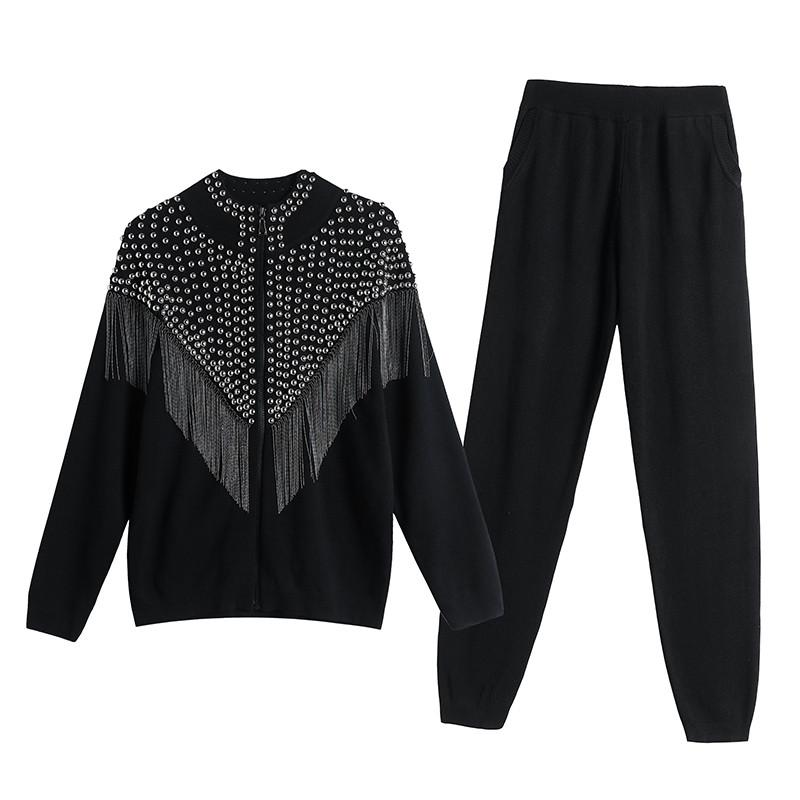 

2020 Winter Nail bead Tassel Sweater Set Runway women Long Sleeve Knitted Tops+Trousers Tracksuit women Fashion Two piece set, Picture color