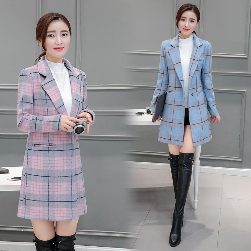 

Woolen Coat Women Mid-length 2021 Autumn and Winter Thick Short Coat Loose Suit Popular Plaid Women, Sky blue