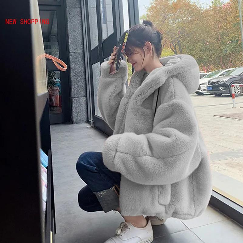 

2020 Faux Fur Women Coat with Hood Fashion Zipper Plush Thick Slim Pink Faux Fur Jacket Fake Coats Chaqueta Mujer, Beige