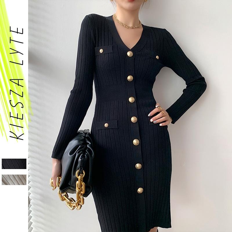 

Women Knitted Bodycon Dress French Style 2020 Autumn Winter Solid Slim Metal Buttons Sweater Dresses Ladies Chic Female, Black