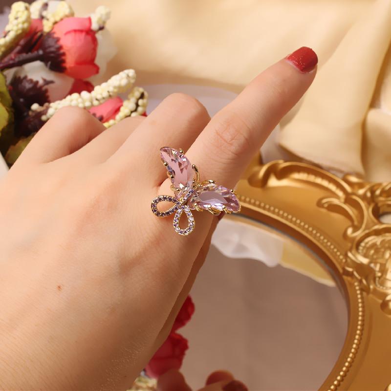 

Japan and South Korea new design fashion jewelry exquisite copper inlaid zircon color crystal butterfly opening female prom ring