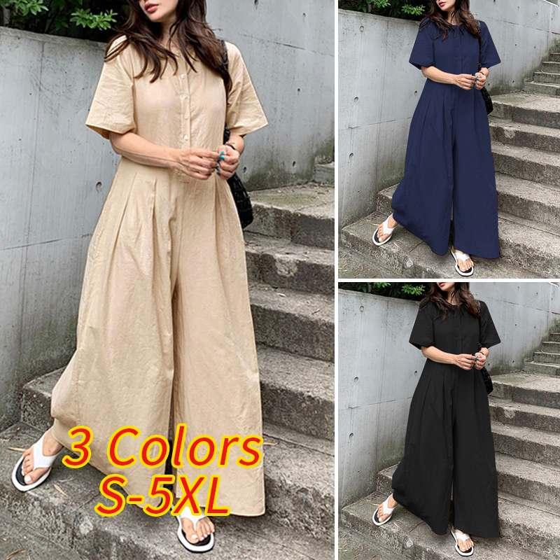 

ZANZEA Female Summer Fashion Jumpsuits Rompers Solid Combinaison Femme Street Overalls Casual Short Sleeves Playsuit Plus Size, Beige