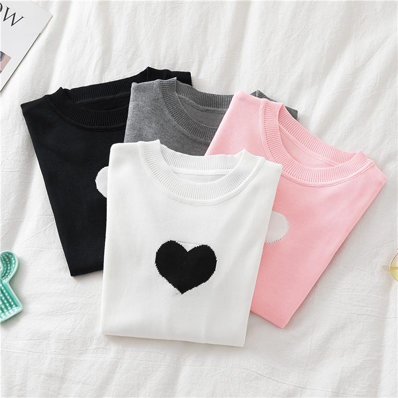

Women's Autumn Winter 2020 Round Neck Heart-Shaped Knitted Sweater Color Matching Long-Sleeved All-Match Top Pull Femme, Black