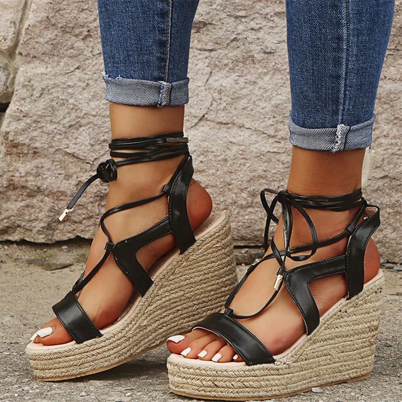 

2021 Women Sandals Bandage Hemp Pu Leather Lace Up Woman Shoes Summer High Heels Casual Plus Size New Shoe 2lvg, Snakeskin