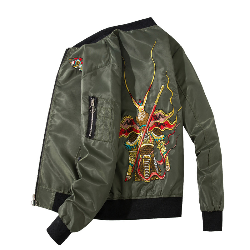 

2021 New Men' Hip Hop Embroidered Autumn Thick Winter Hot Chinese Fashion Baseball Jacket Young Streetwear 545D, Armygreen thin