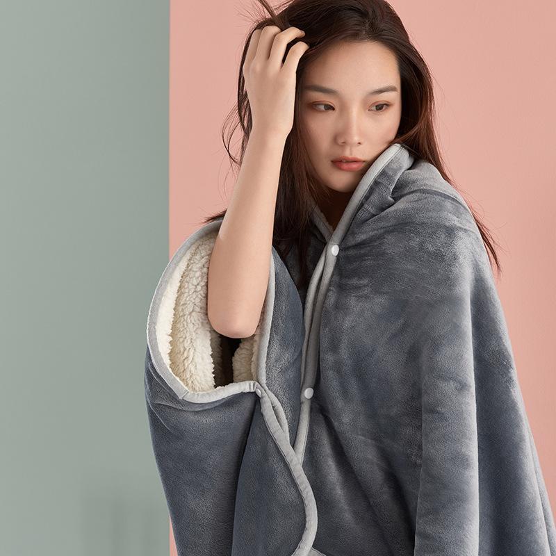 

150X100cm 2 layers Thick Thermal Sofa Throw Blanket With Button Flannel Sherpa Shawl Solid Color Shoulder Cover WFH Blanket