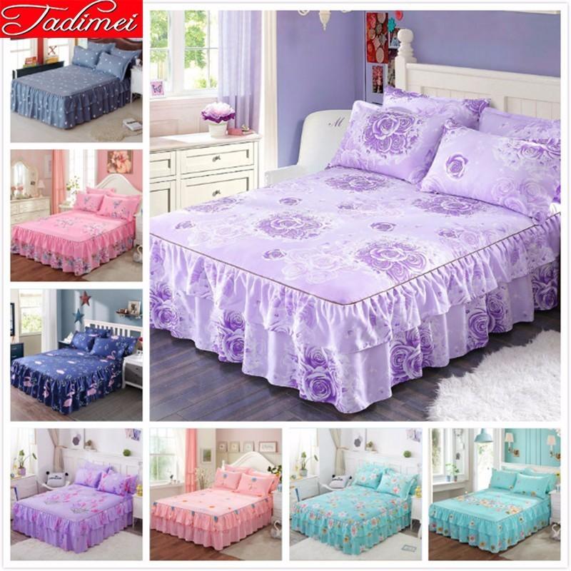 

New Fashion Flower Pattern Purple Bed Skirts Adult Kid Girl Bed Cover Single Full Twin Queen King Size Bedspread 150x200 180x200, Color 2