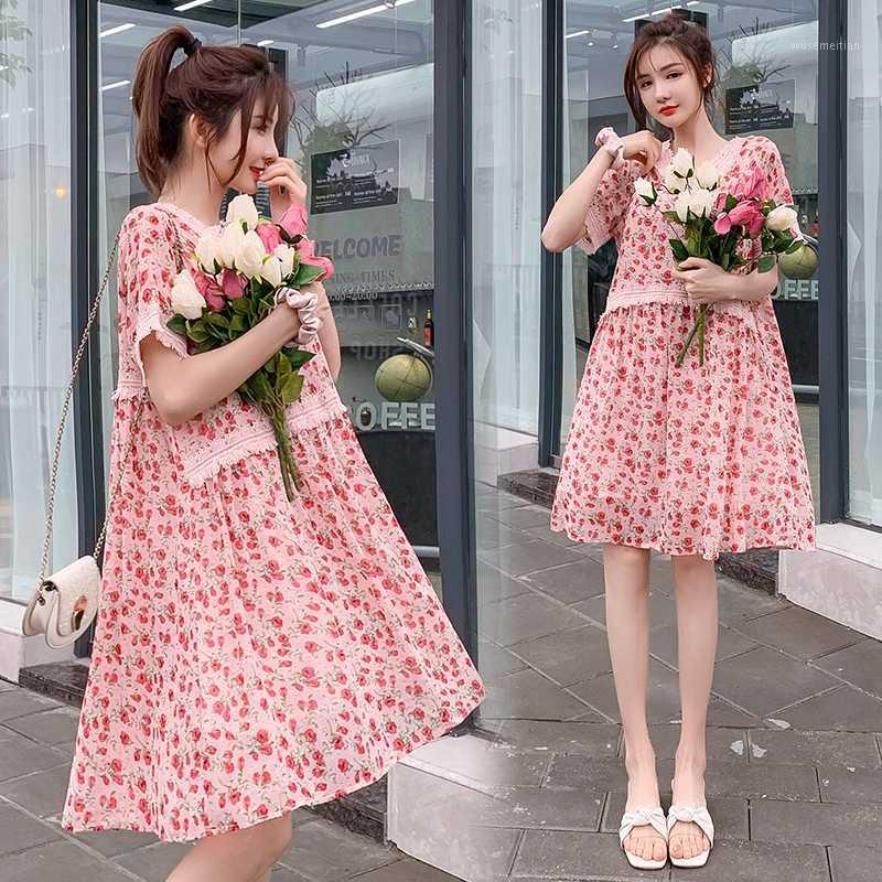 

6670# Maternity Dress V neck Floral Summer Chiffon Short Sleeve Loose Stylish Dress for Pregnant Women Mom1, Pink