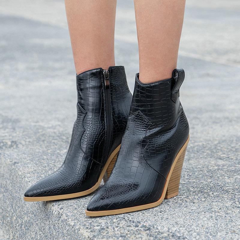 

Winter Brand Design Ankle Boots Women Zipper Faux Leather Cowboy Boots Wedges Heel Snake Print 2020 Western Booties Woman, White