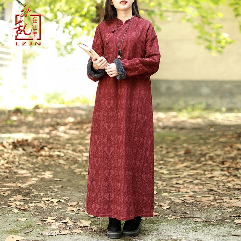 

LZJN Chinese Dress Women Autumn Winter Long Sleeve Cheongsam Qipao Jacquard Fleece Lined Warm Thick Dress Robe Vestidos