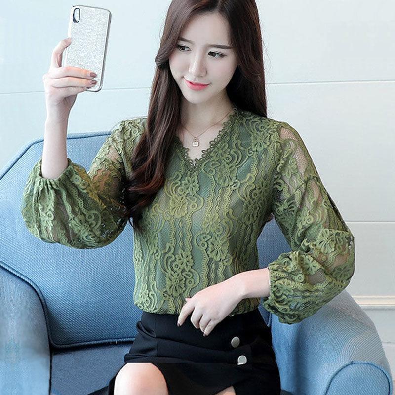 

2020 Autumn Winter Women Lace Blouses Female V-Neck Hollow Out Casual Loose Sexy Shirt Long Sleeve Lantern Sleeve Tops Plus Size, Army green thin